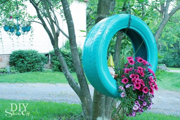 hanging tire flower planter