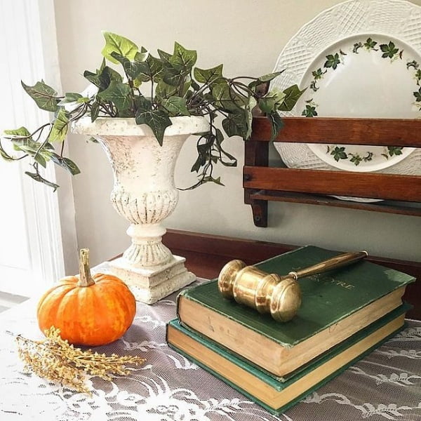 Ivy-Clad Vintage Fall Vignette With Antiquated Brass And Ironstone Decor ivy decor