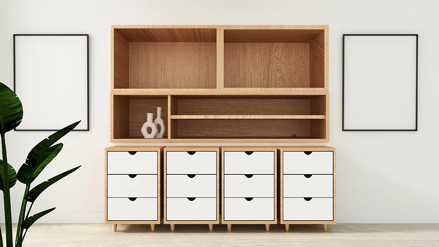living room shelves with drawers
