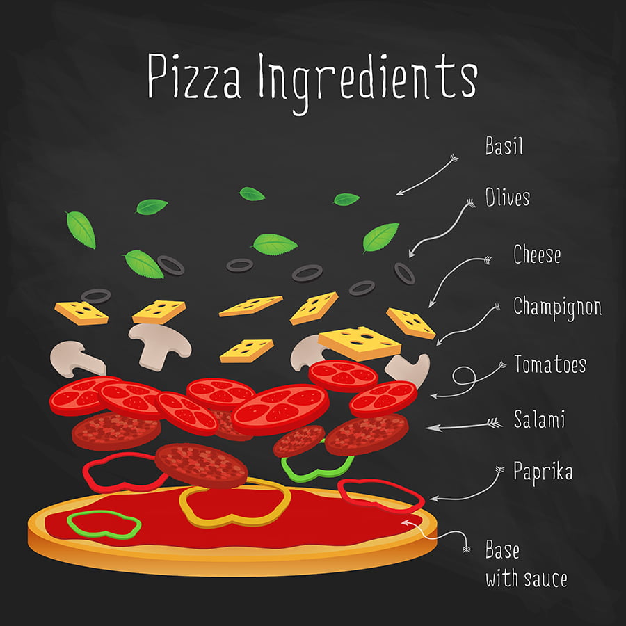 Pizza with ingredients on the chalkboard