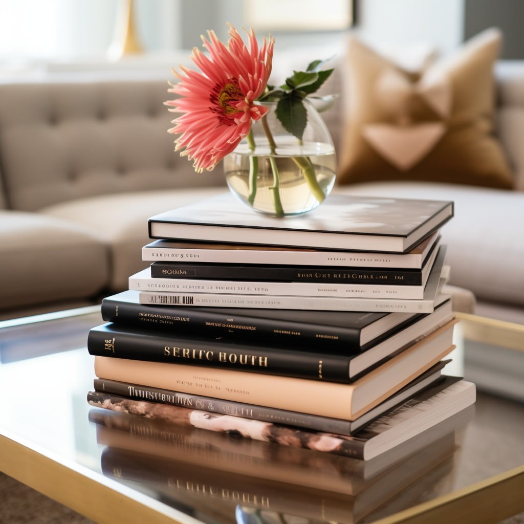 a stack of coffee table books