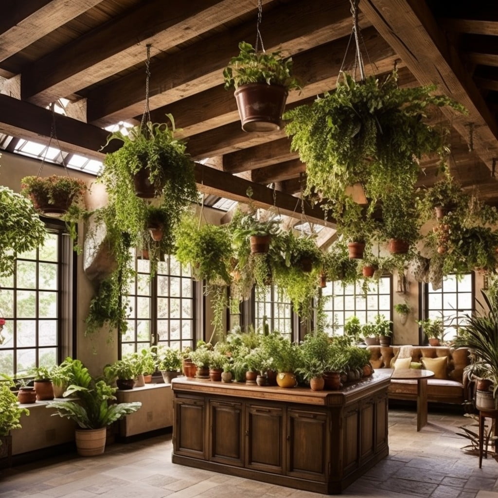 beams with hanging planters for natural touch