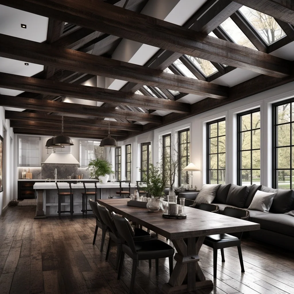 dark wooden beams on white ceiling