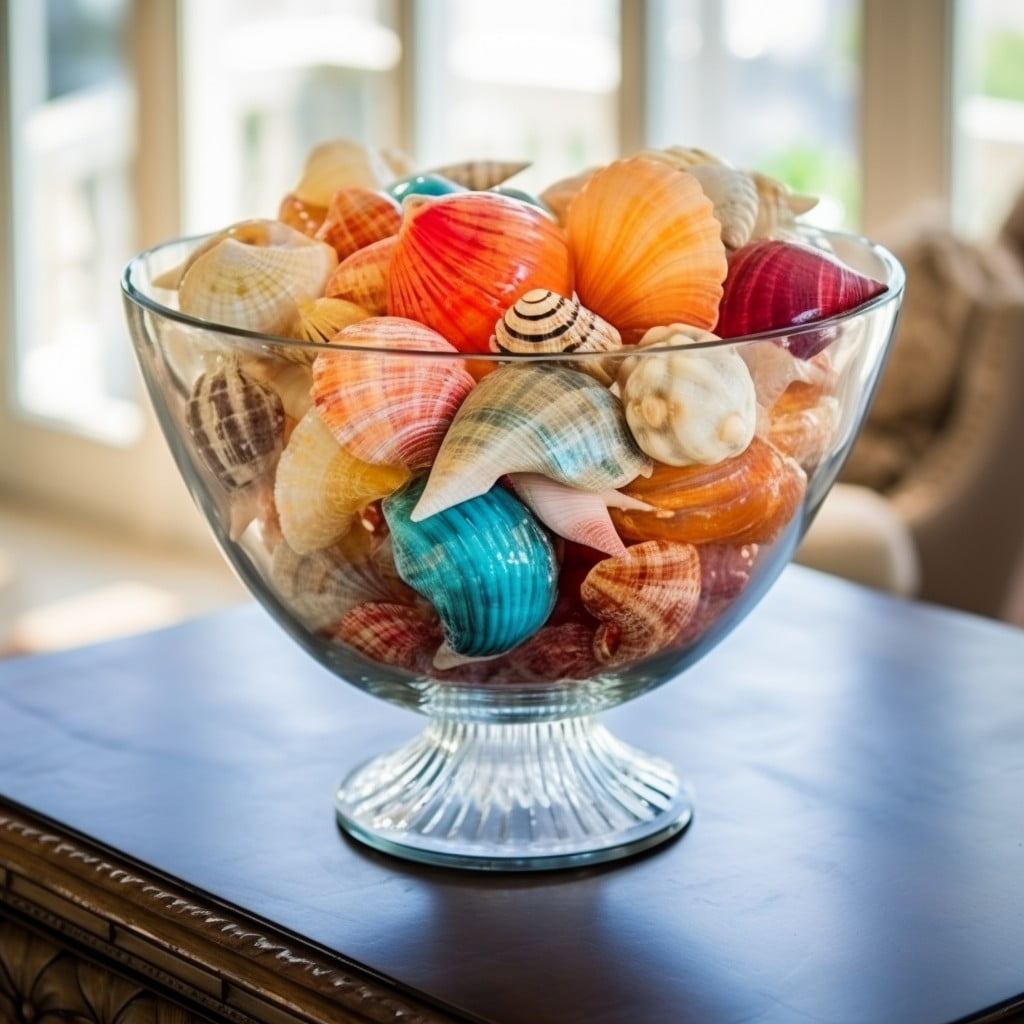 glass bowl filled with seashells