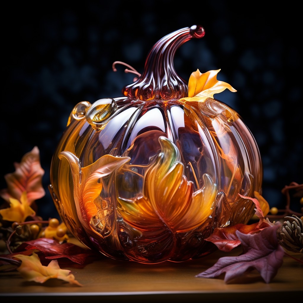 glass pumpkin filled with autumn leaves