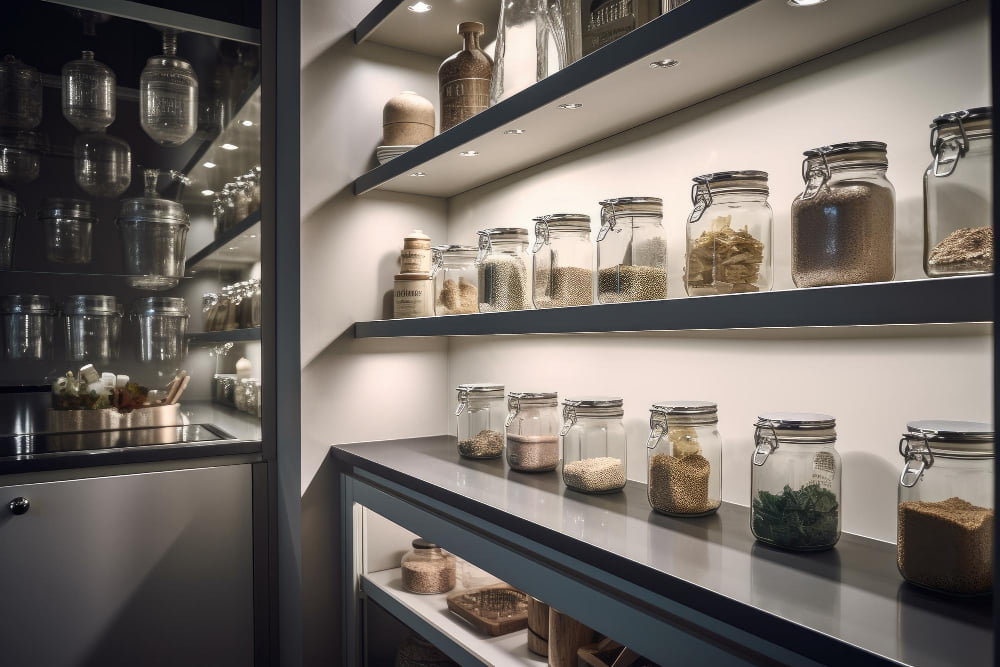 kitchen pantry with glass jars stainless steel led lights