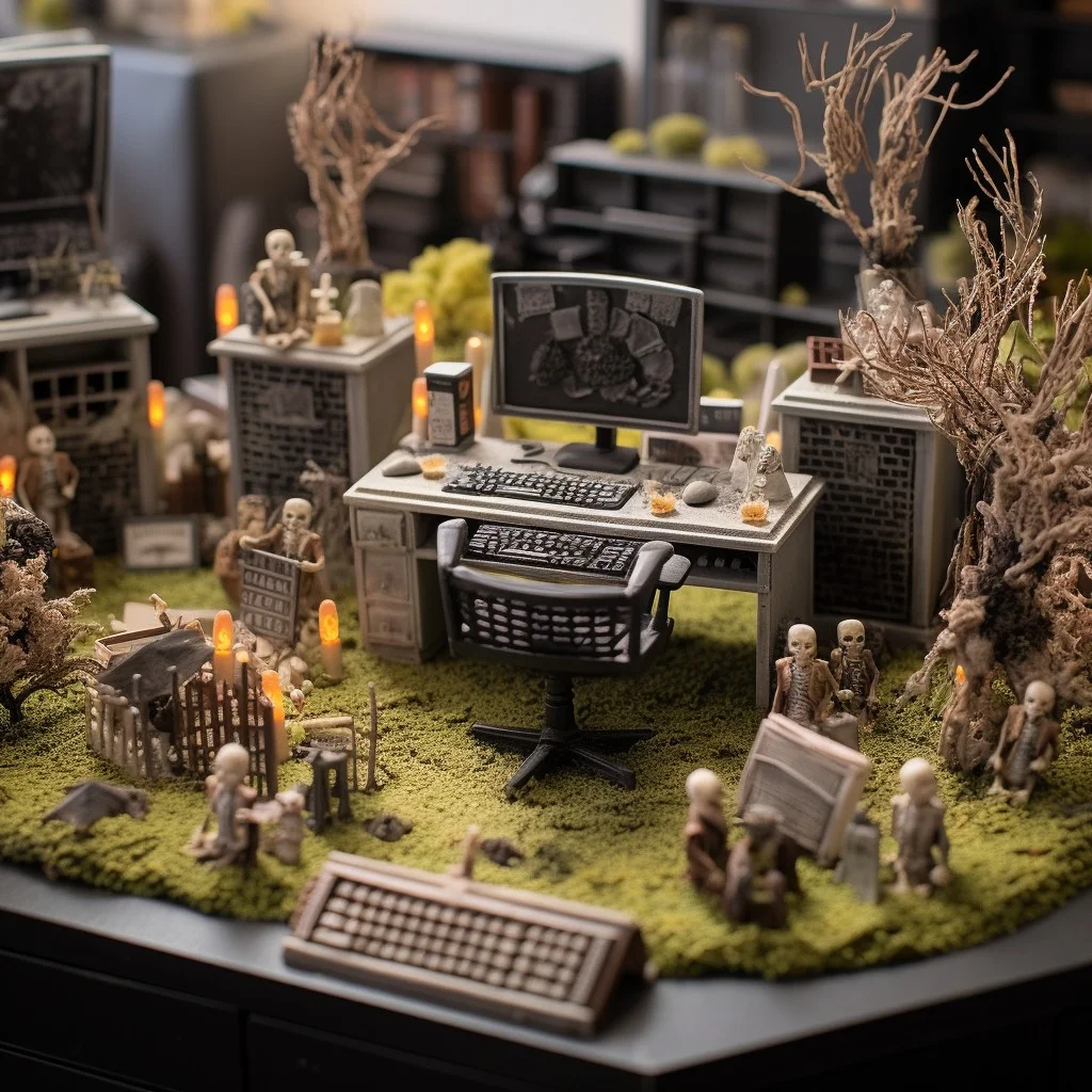 miniature graveyard on office table