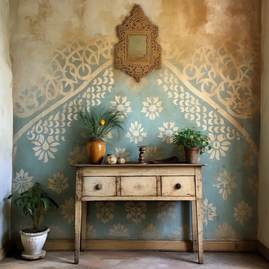 stenciled pattern over limewash paint
