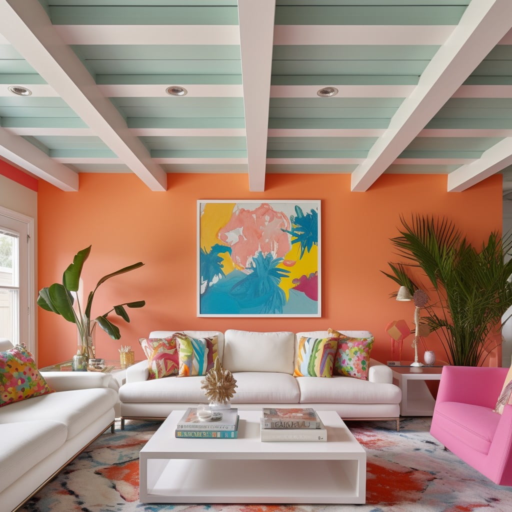 white painted beams on colored ceiling