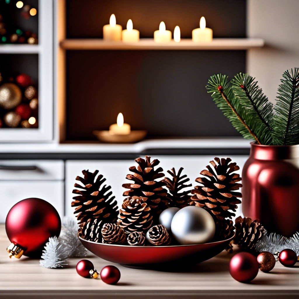 a bowl of pinecones and baubles on the table