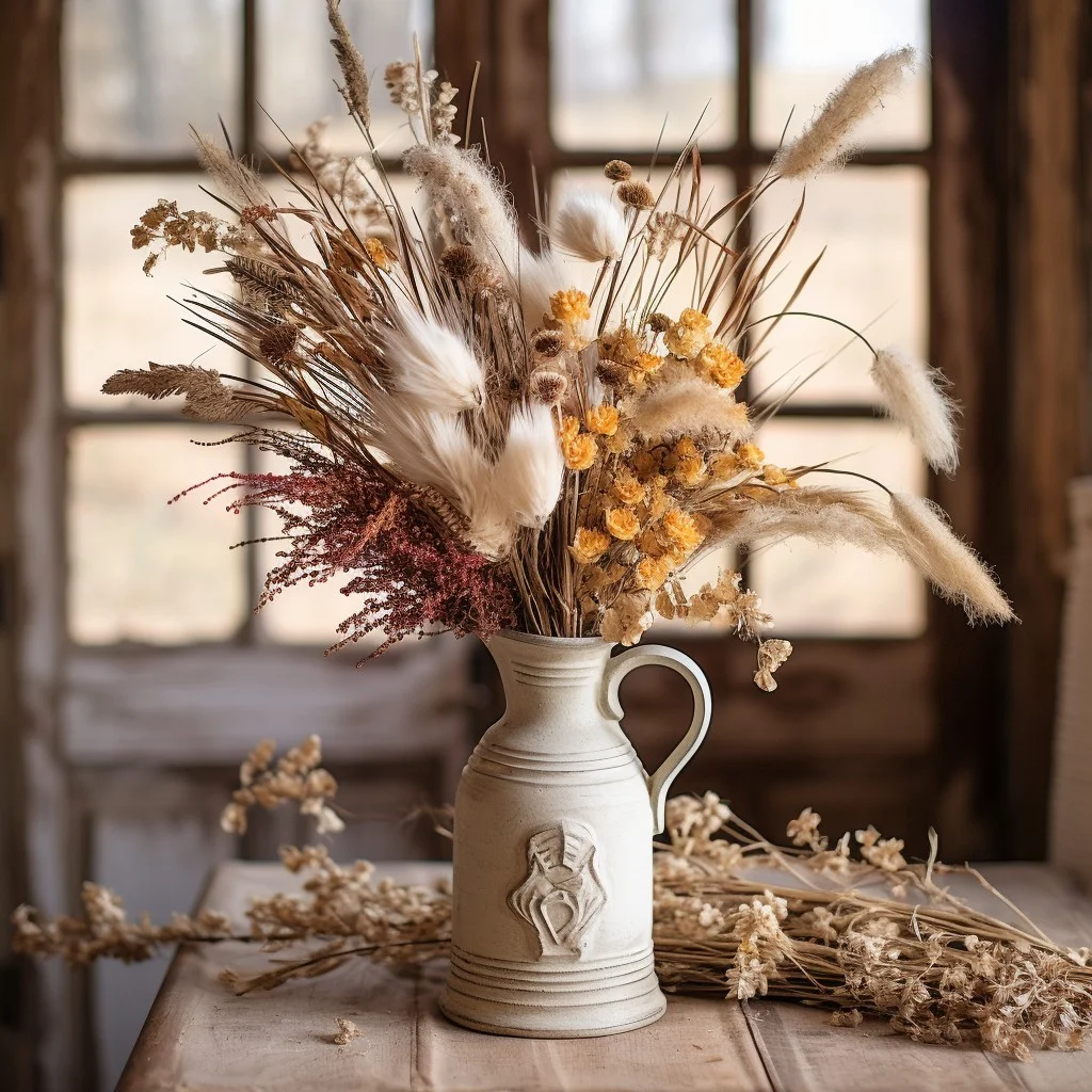 arranging a dried flower bouquet