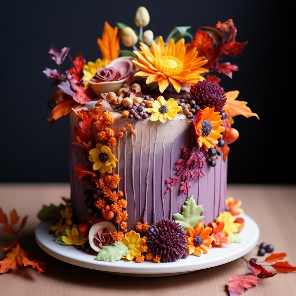 cake decorated with edible fall flowers