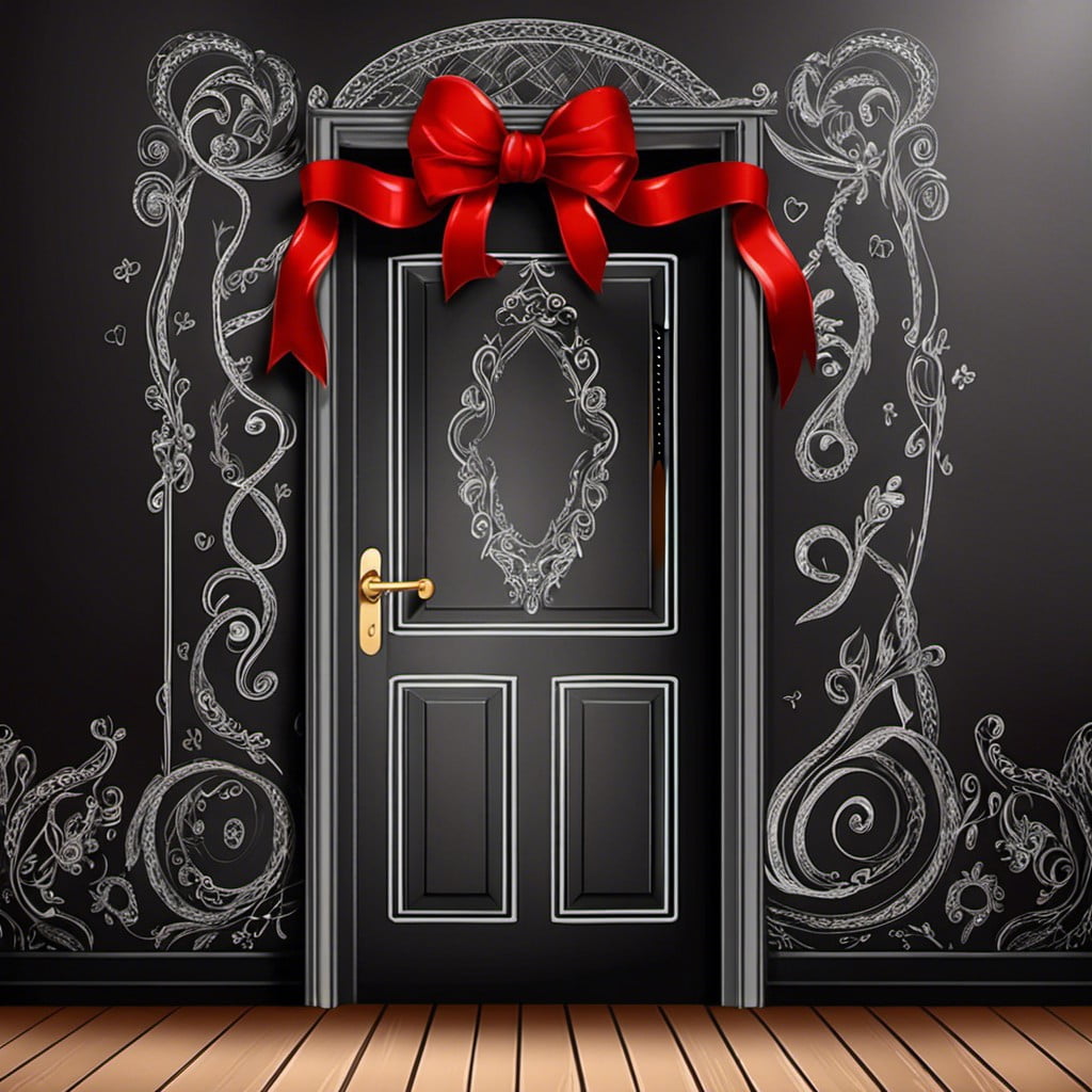 chalkboard themed door with red ribbon doodles