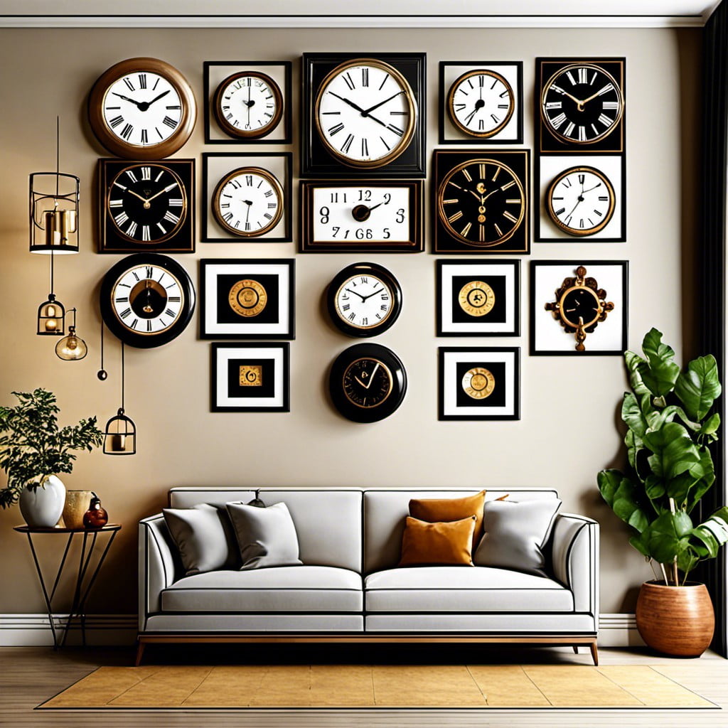clock collection displayed as gallery wall