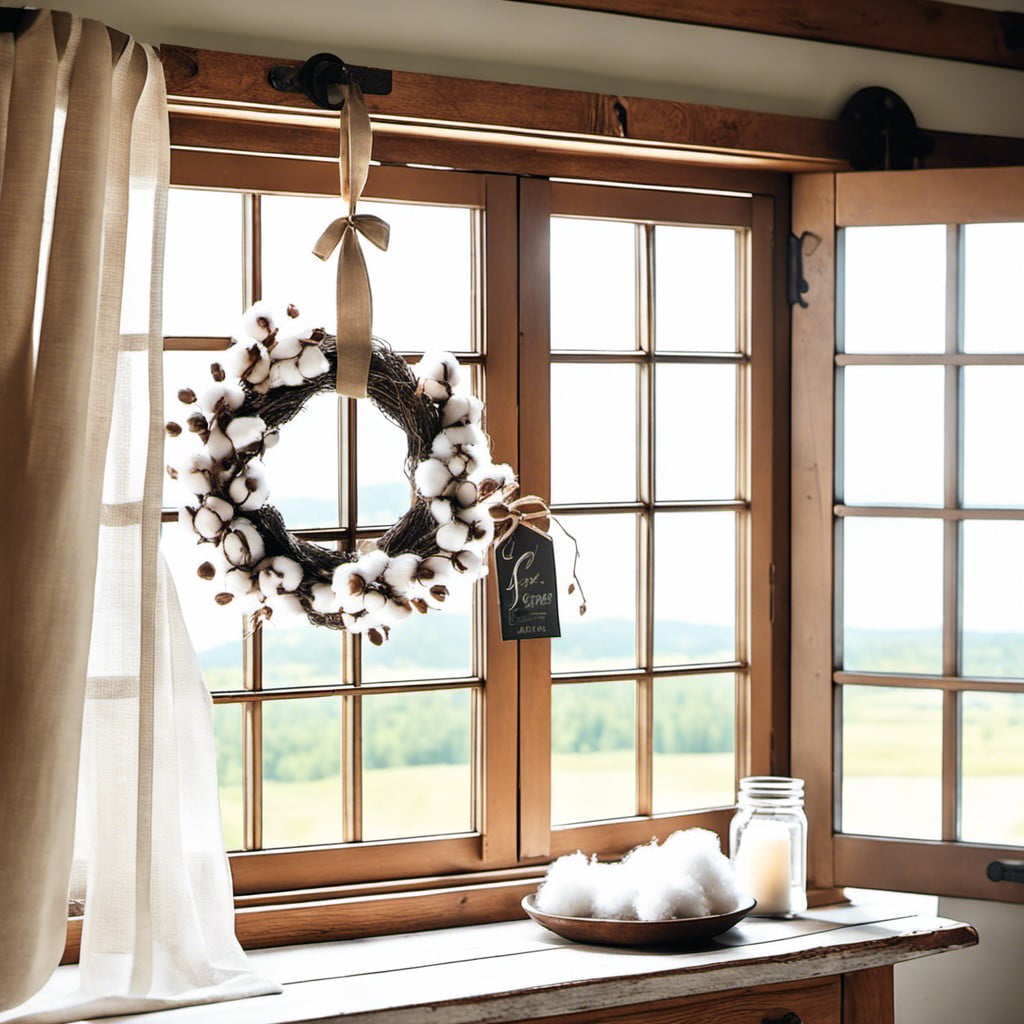 cotton wreath hanging on a rustic window