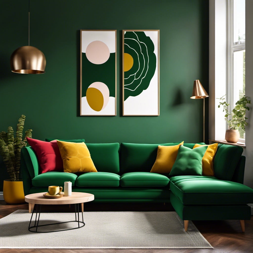 dark green couch with contrasting bright pillows