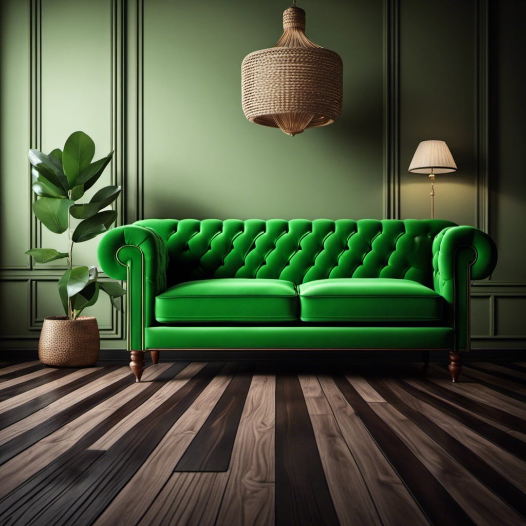 dark wooden floor with a retro style green couch