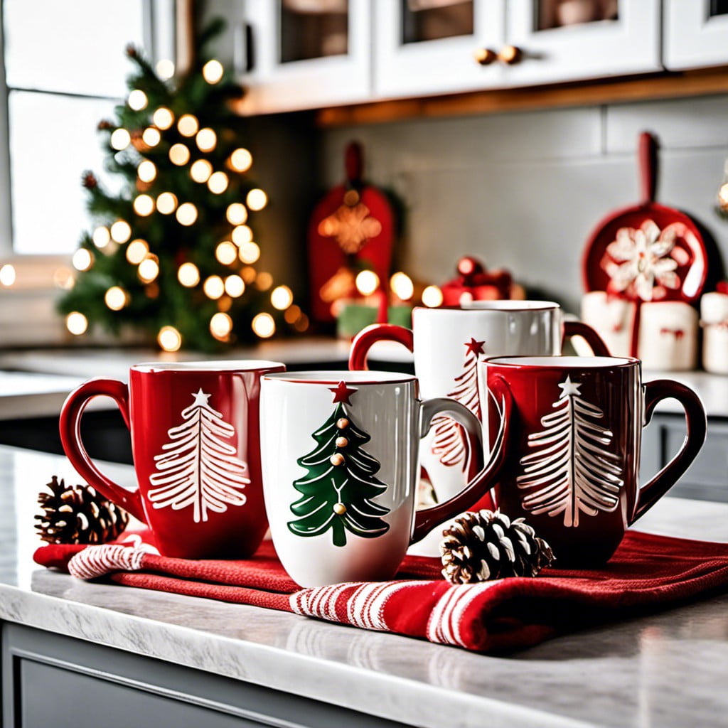 display of christmas themed mugs