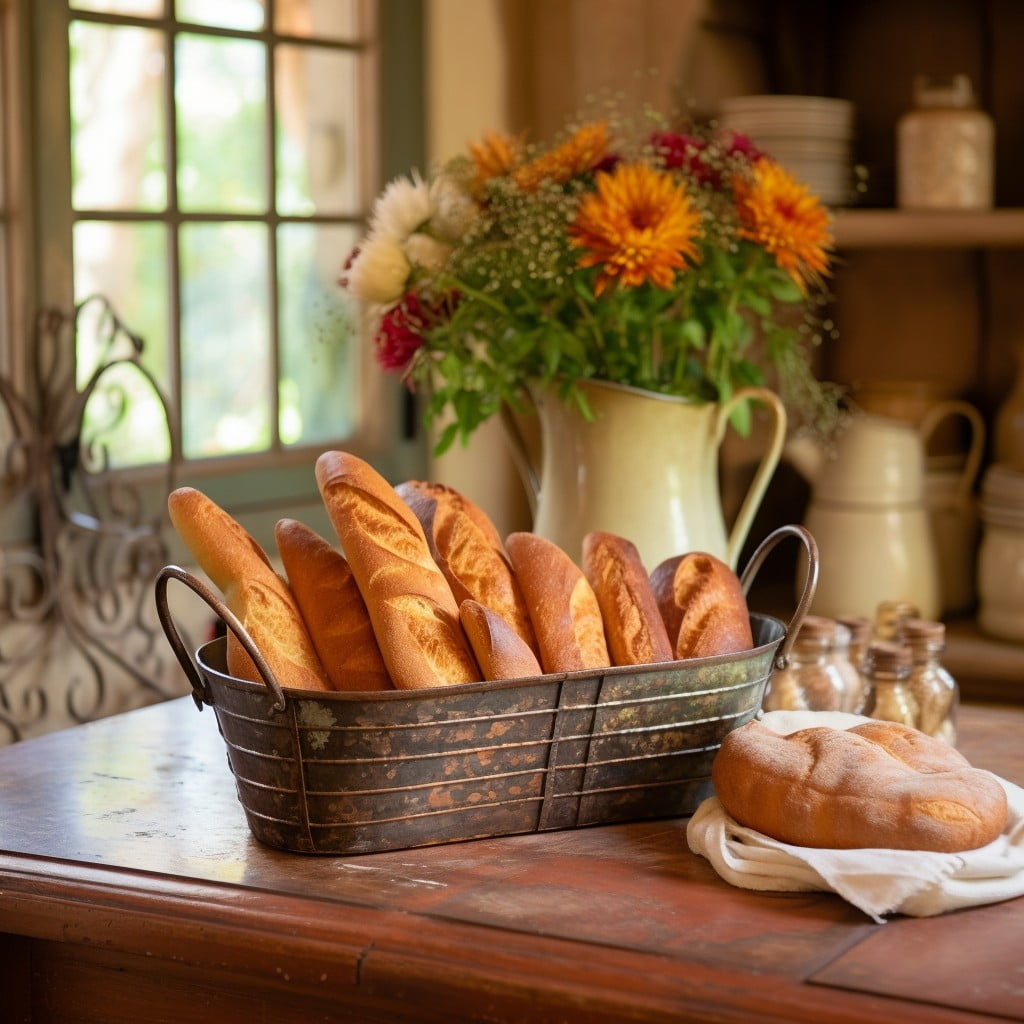 displaying fresh baguettes in a vintage metal basket