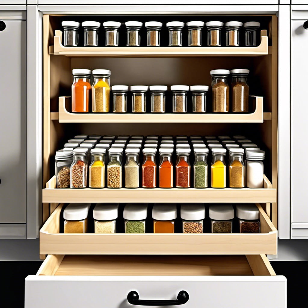 drawer style spice rack for inside kitchen cupboards