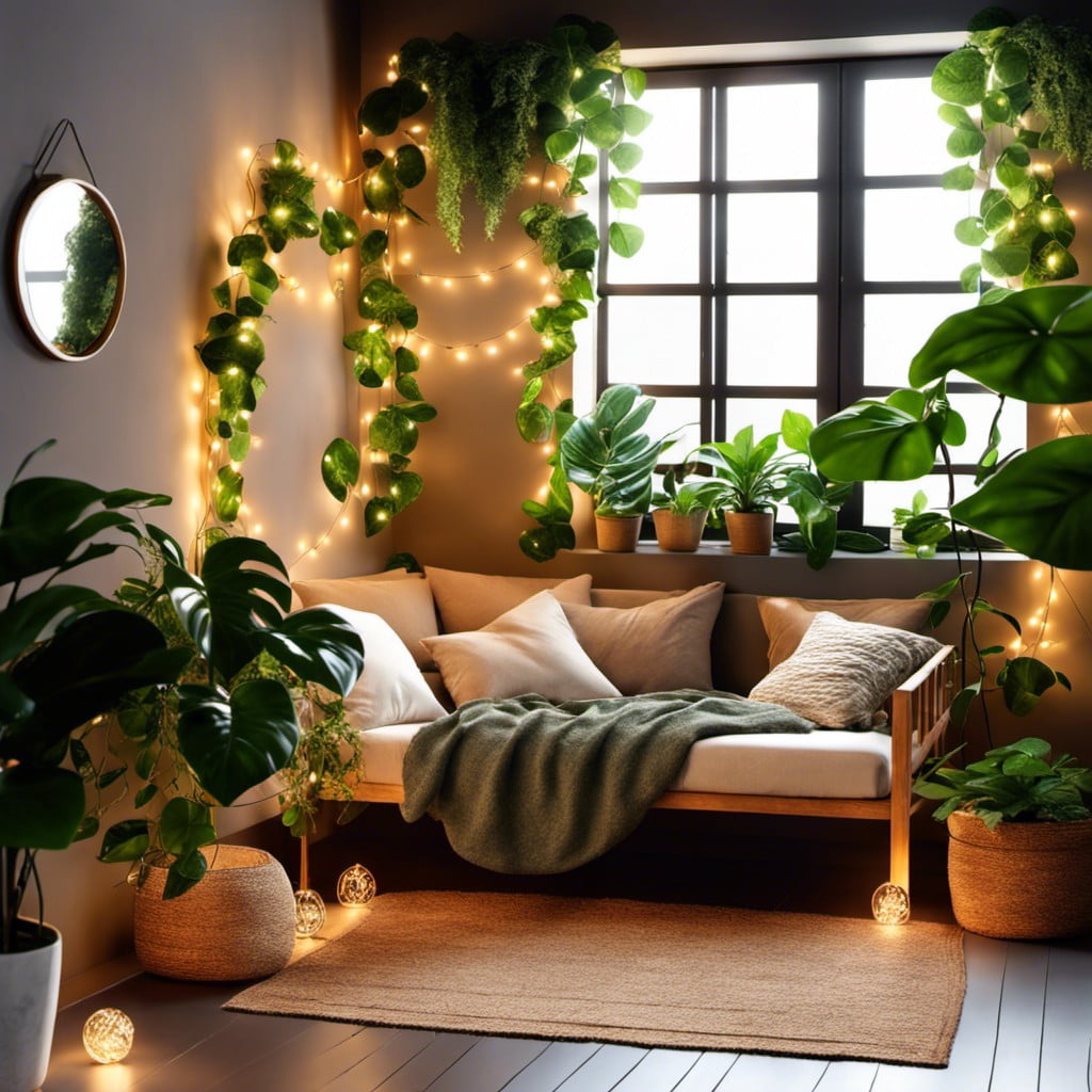 fairy light and pothos combination for magical ambience