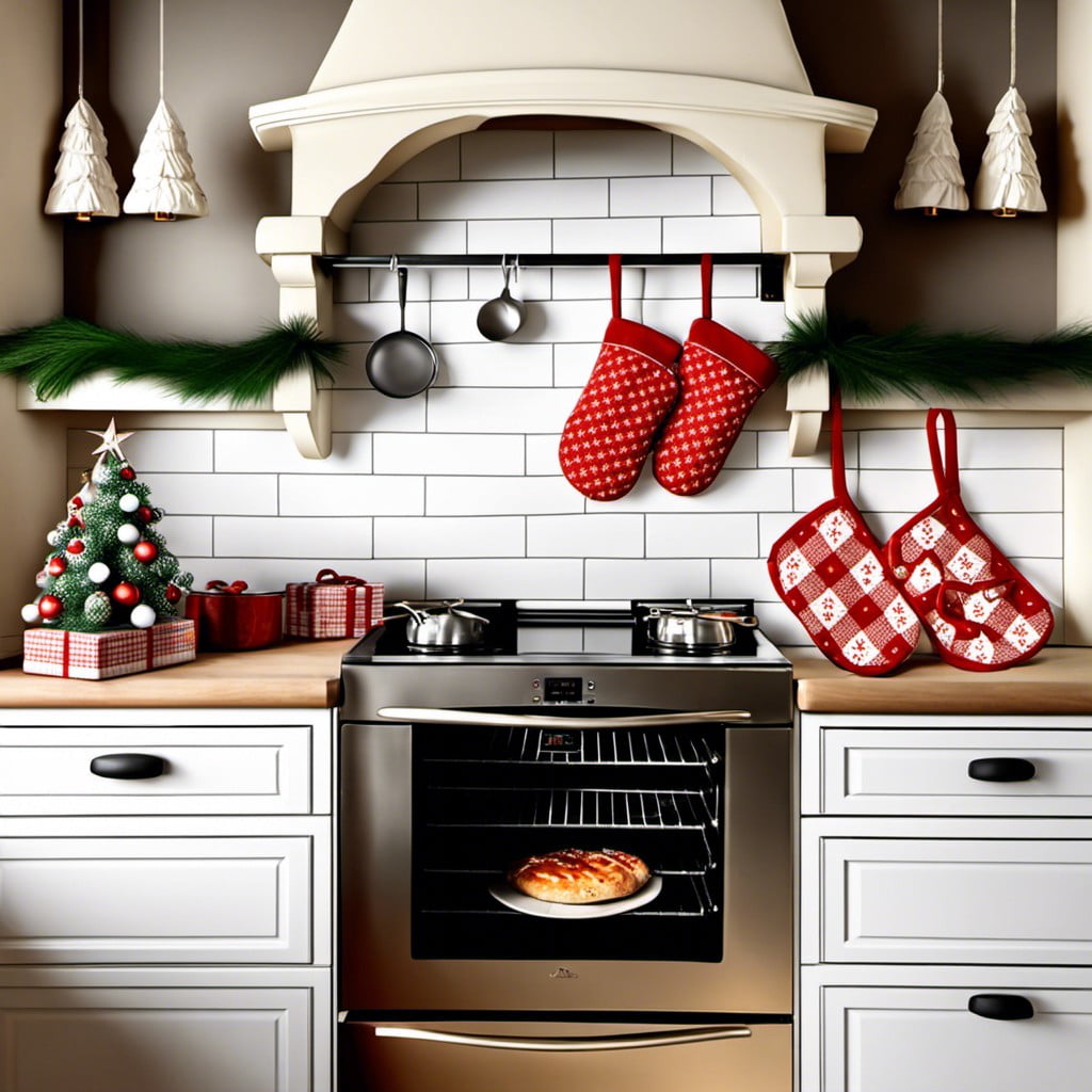 festive patterned oven mitts and aprons