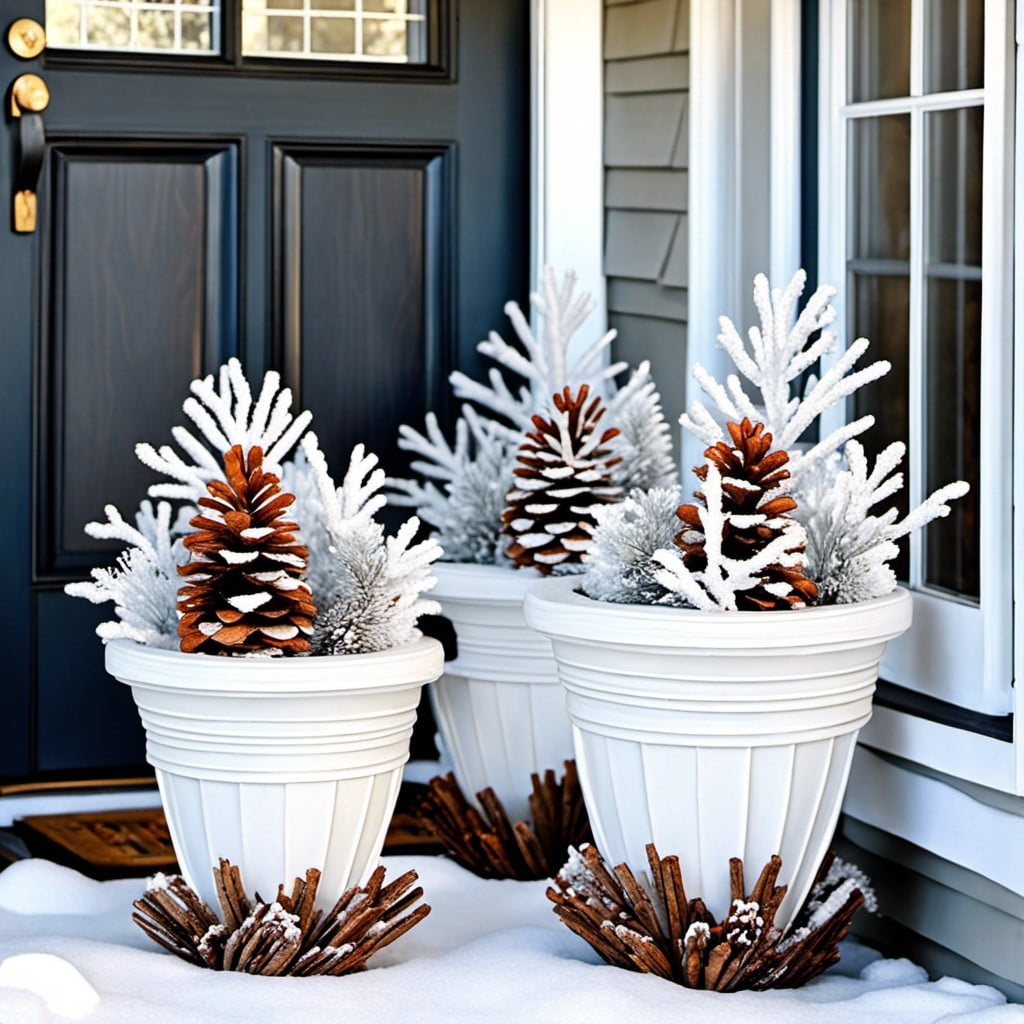 frosted twig and cone porch pots