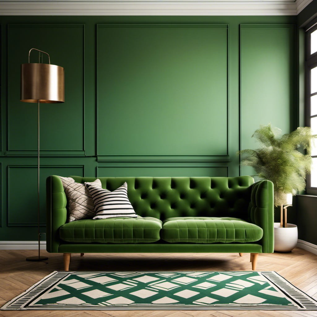 geometric patterned rug under a green sofa