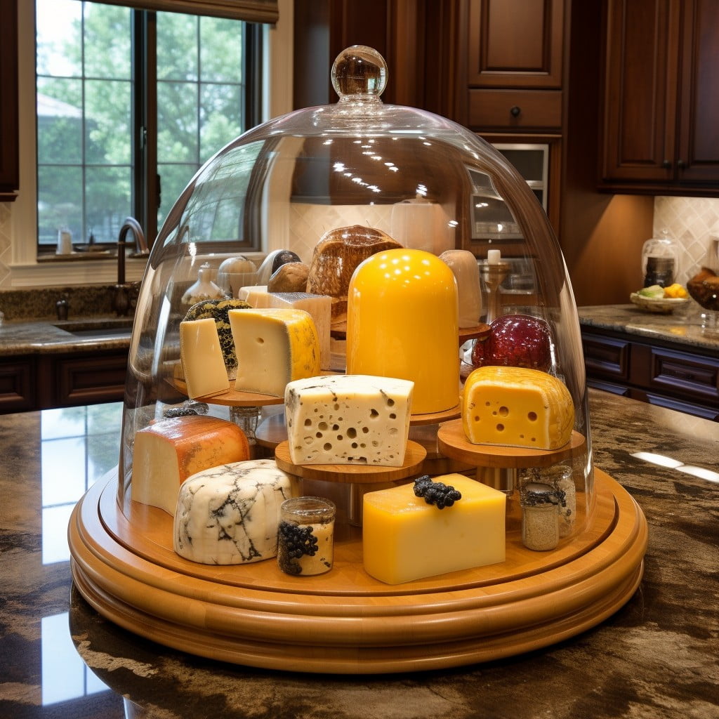 glass dome showcasing cheese selection