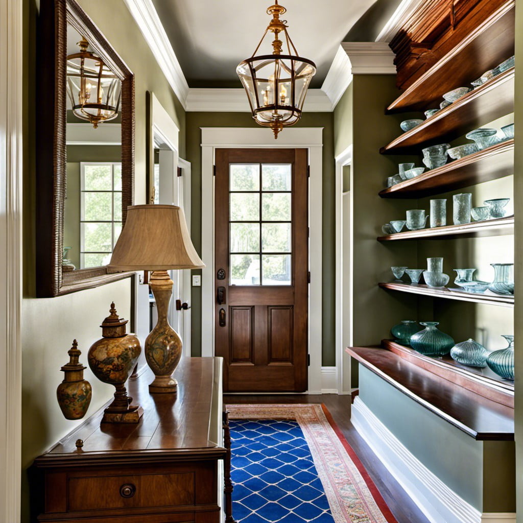 glass floating shelves displaying antiques