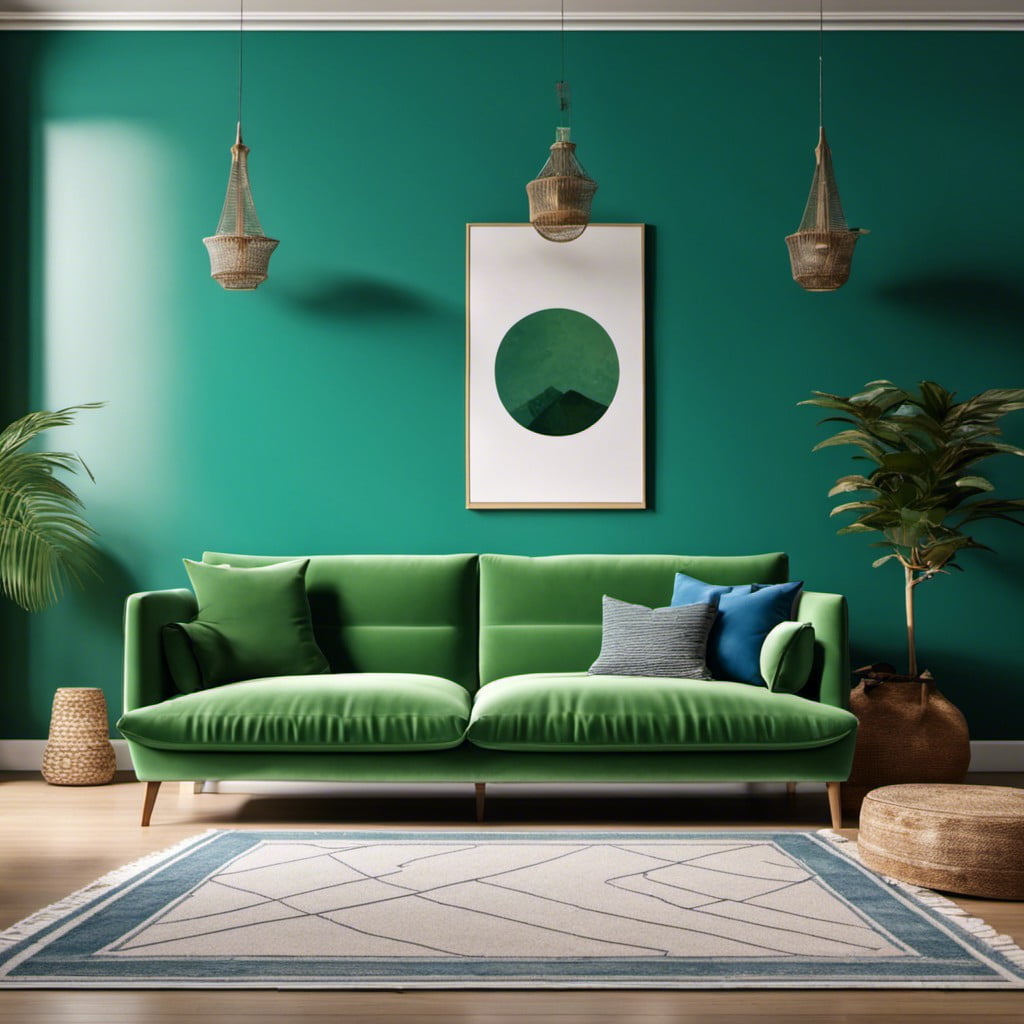 green couch with blue painted walls