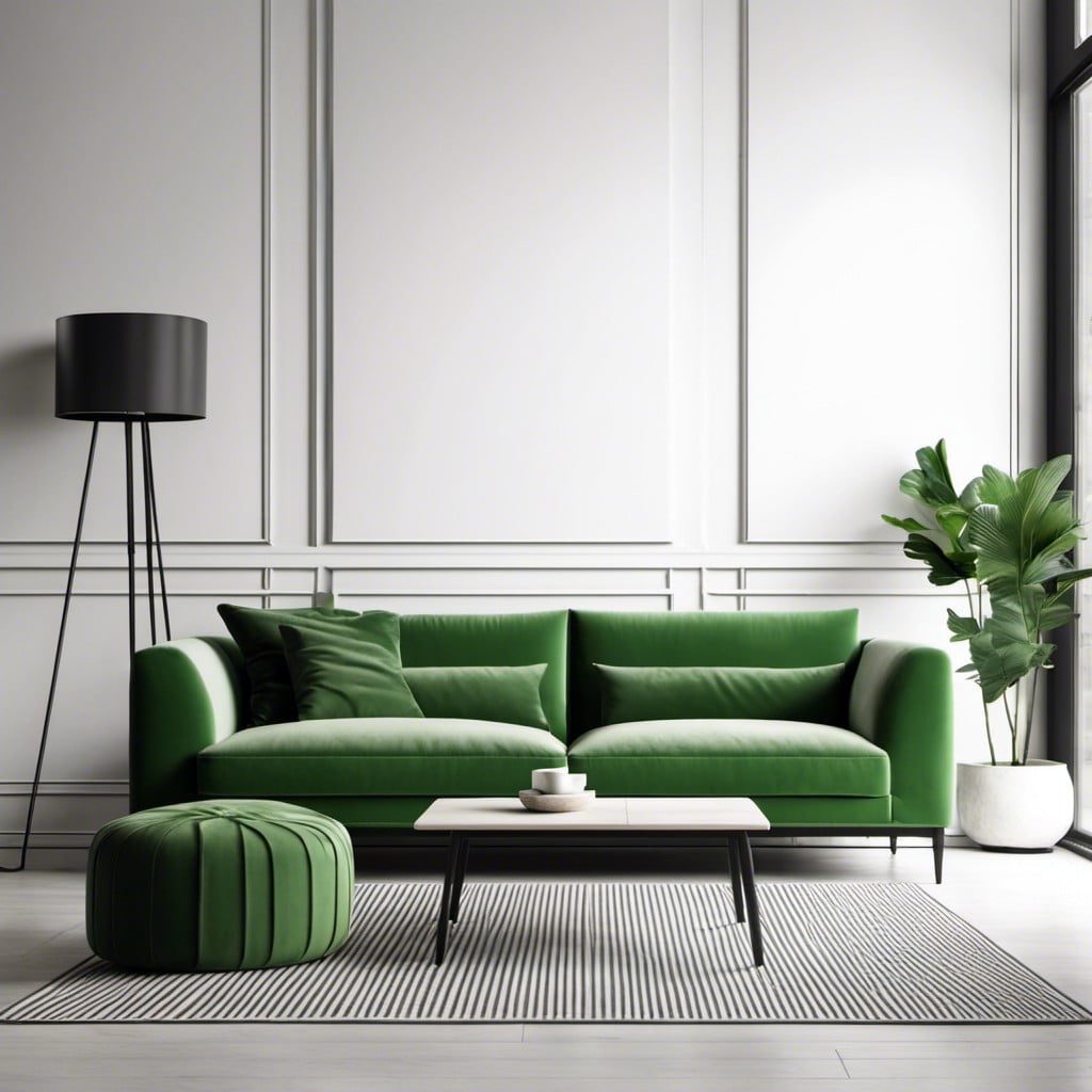 green couch with minimalist monochrome accents
