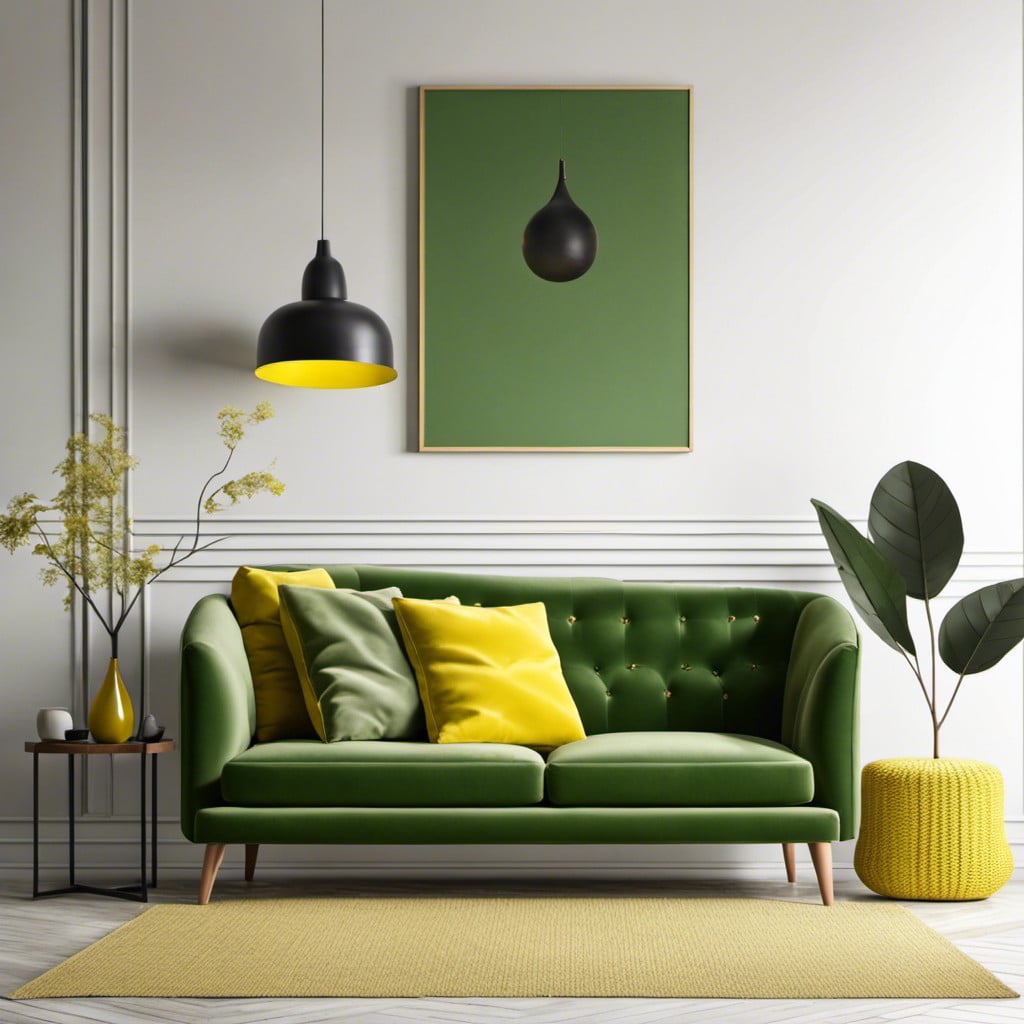 green couch with yellow accent pieces