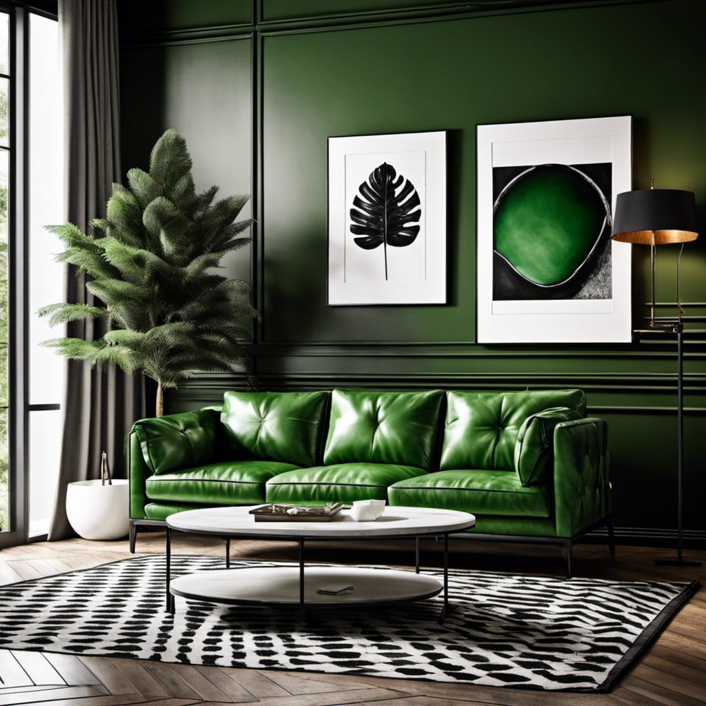 green leather sofa with black and white wall art