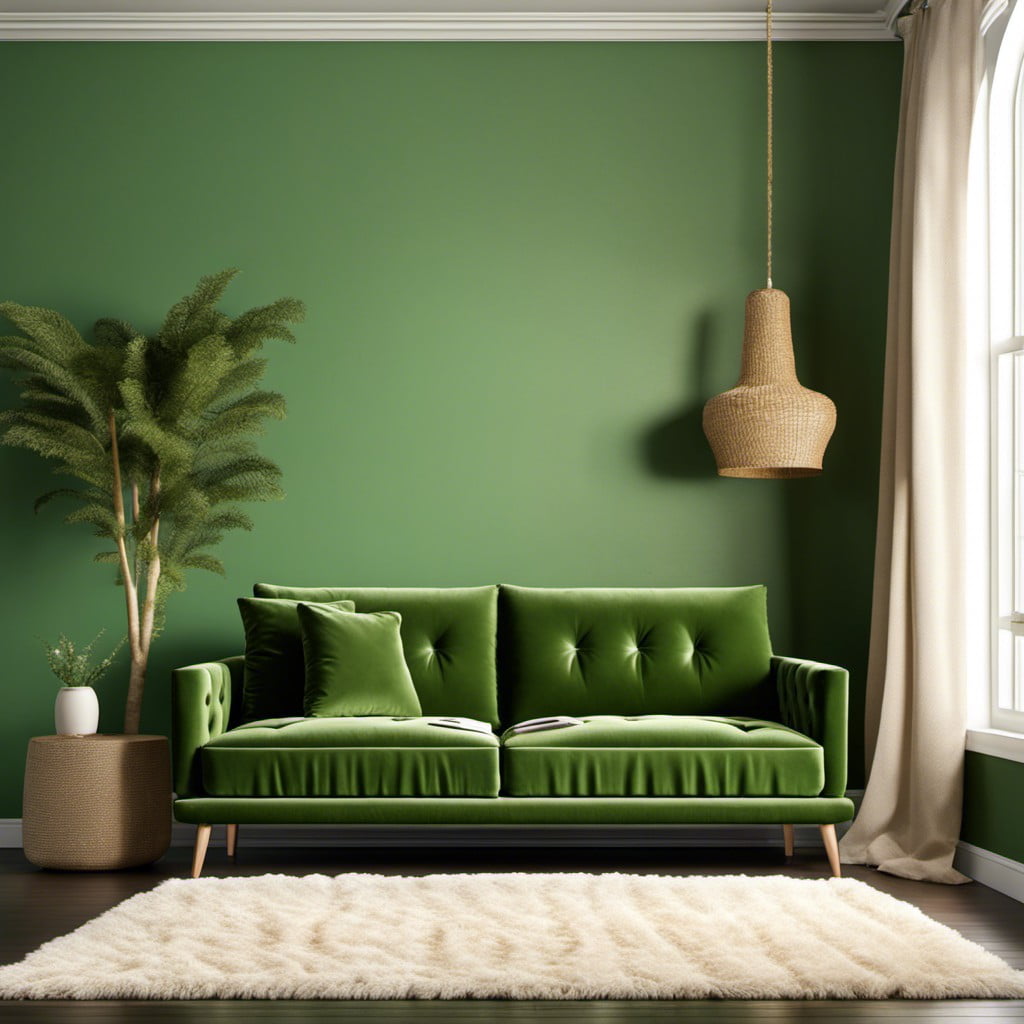 green velvet couch next to a creamy shag rug