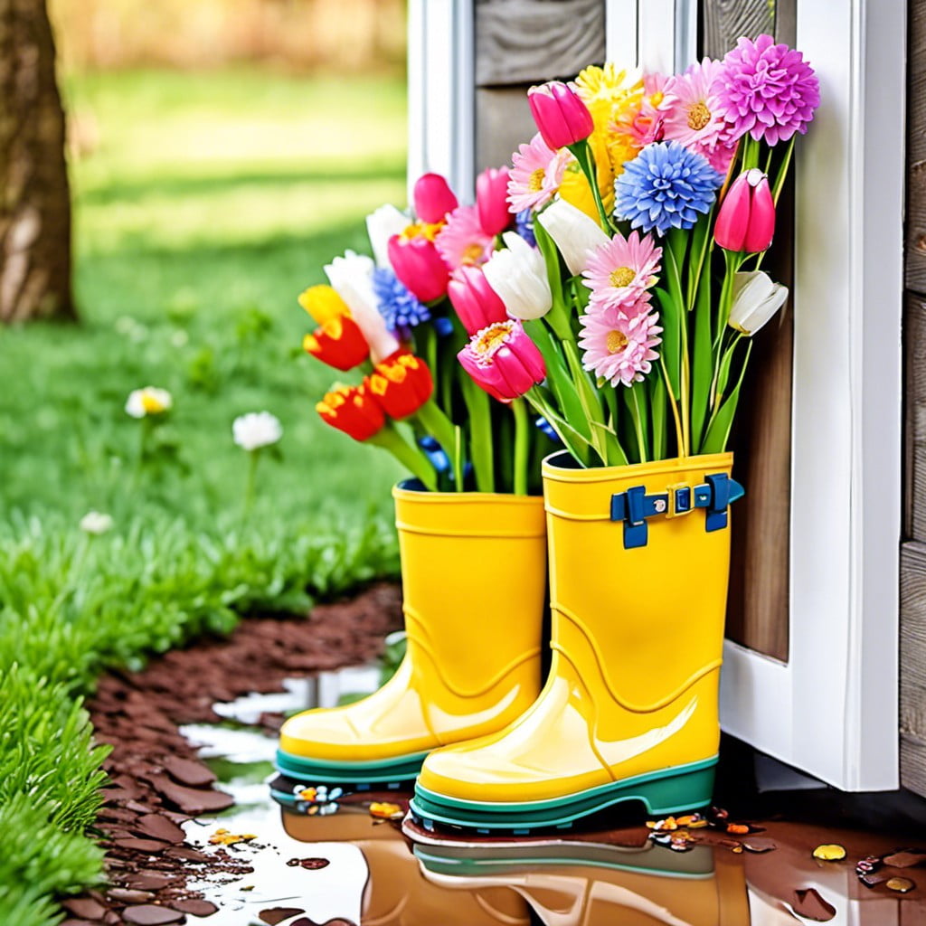 hanging rain boots filled with flowers