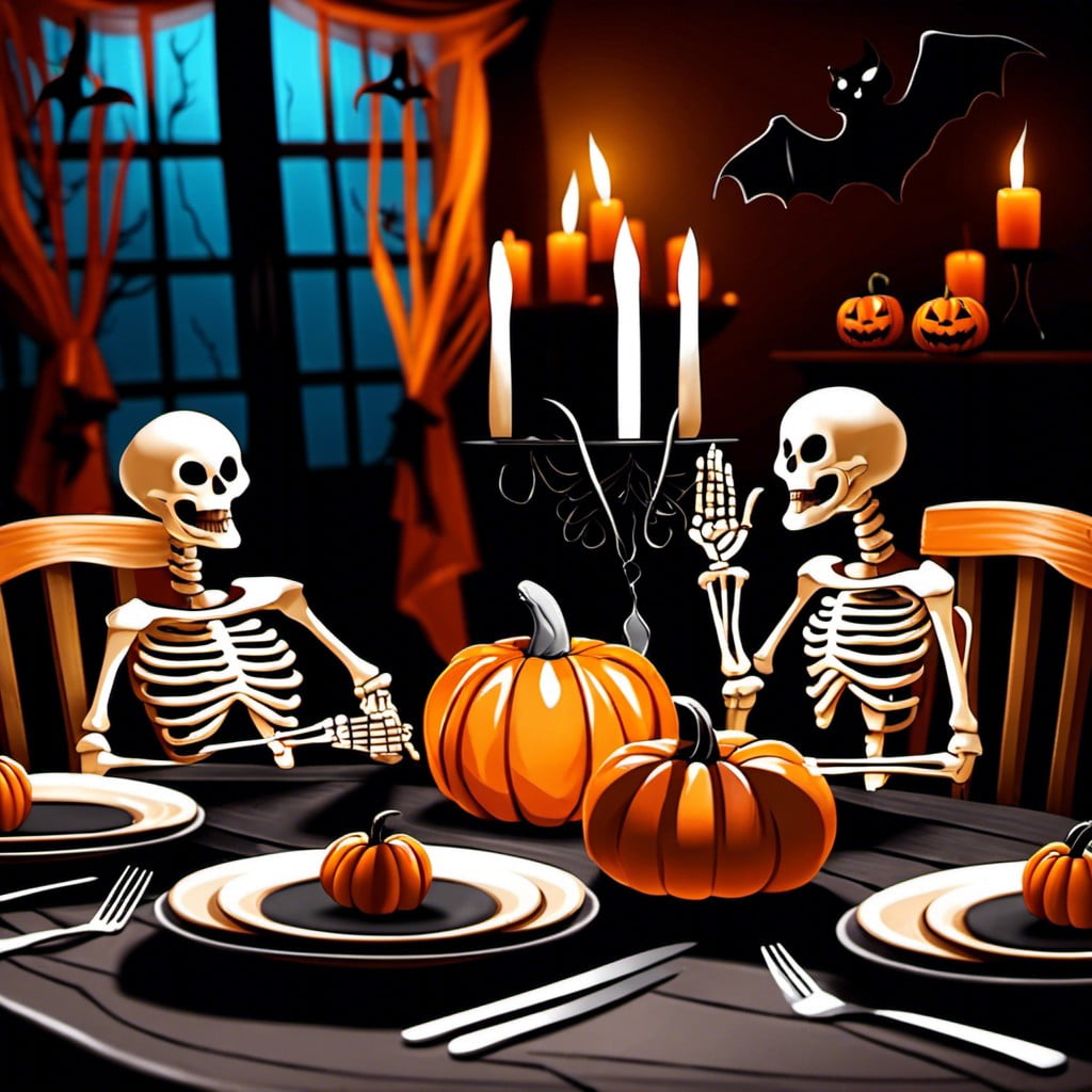 haunted dinner table with skeletal guests