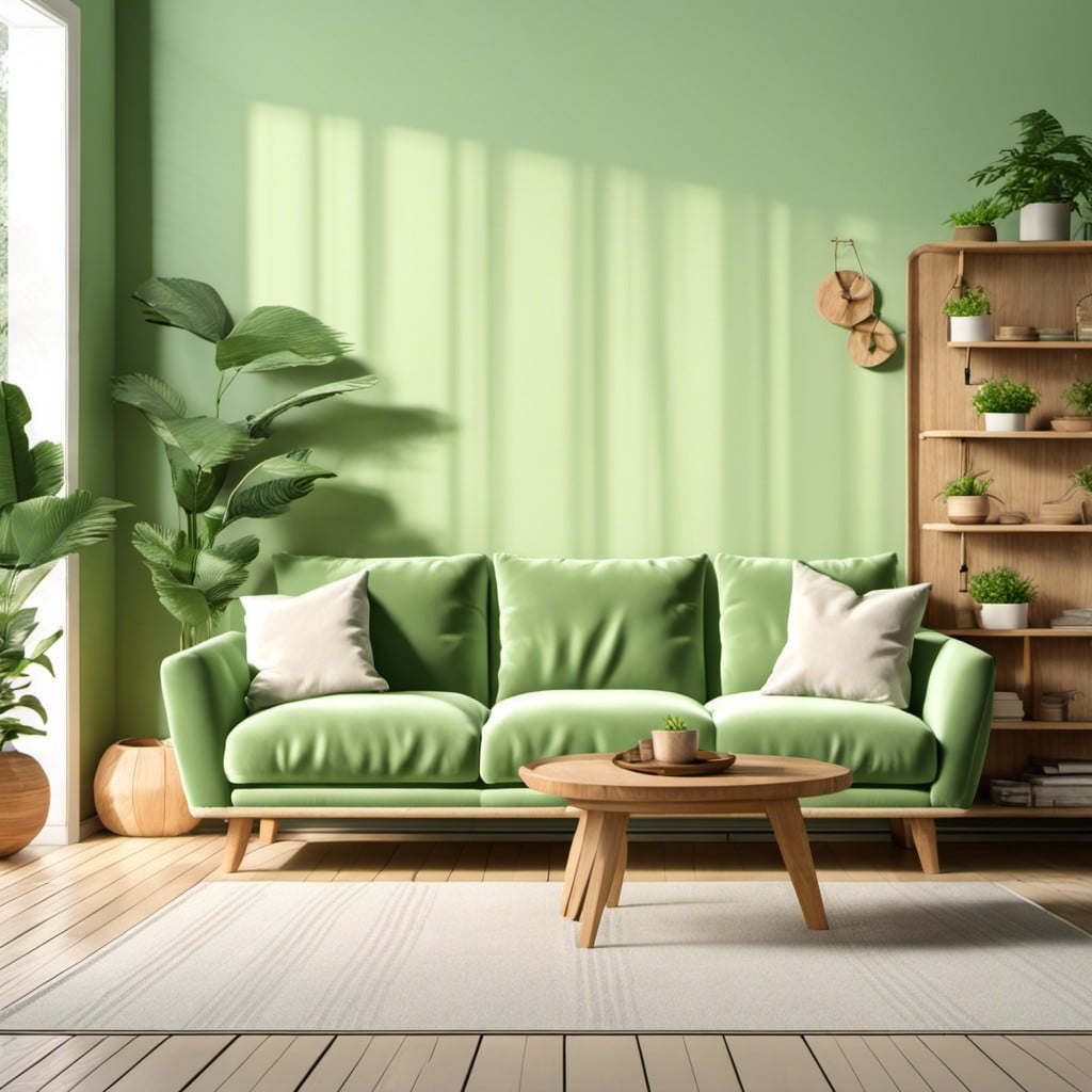 light green couch with warm wooden decor