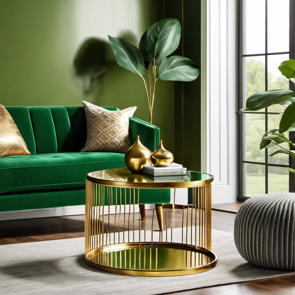 metallic gold accent table beside green couch