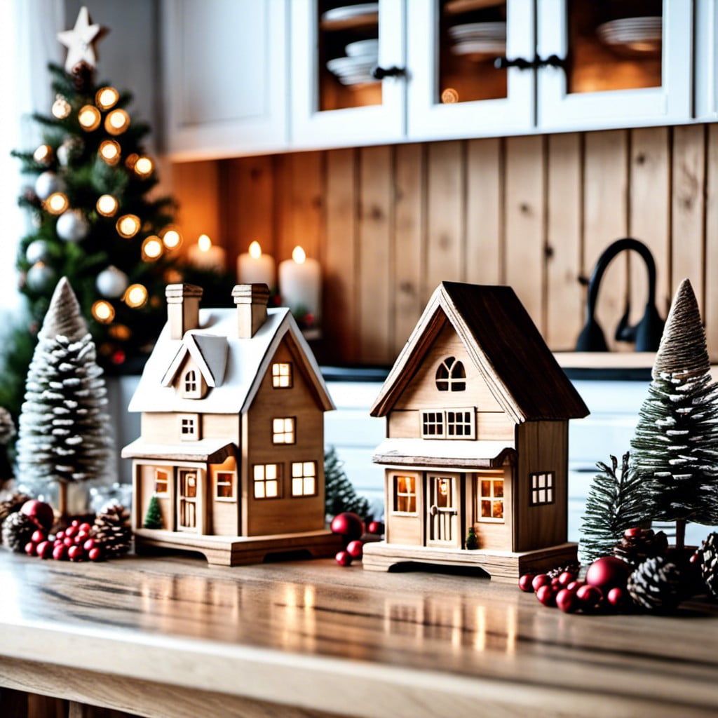 mini wooden houses as centerpieces