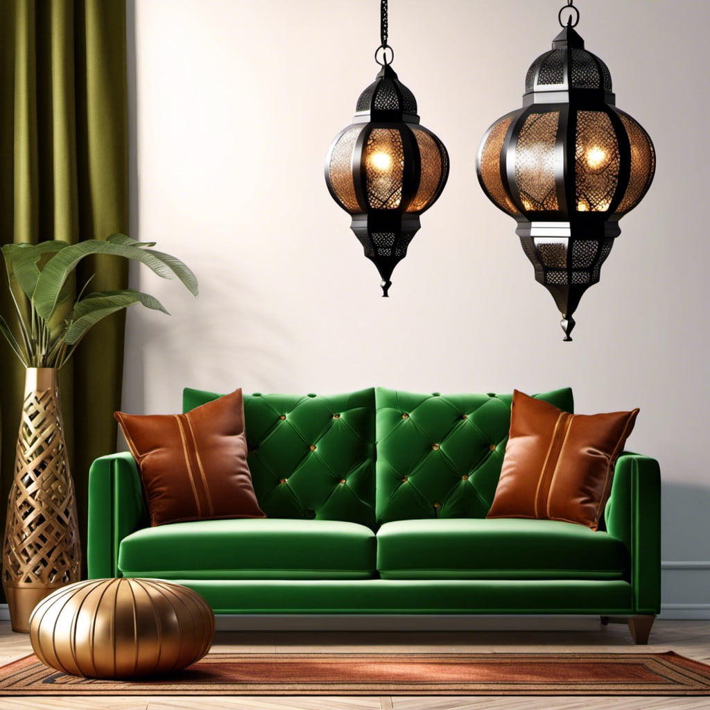 morrocan style lanterns with a green velvet couch