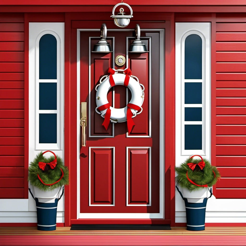 nautical themed door with red ribbons as life savers