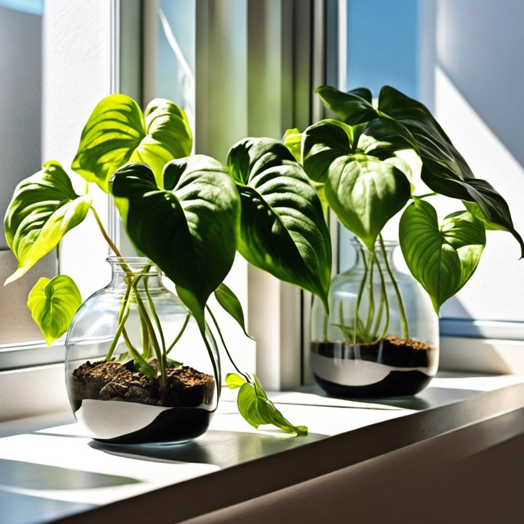 pothos in glass vases on windowsills