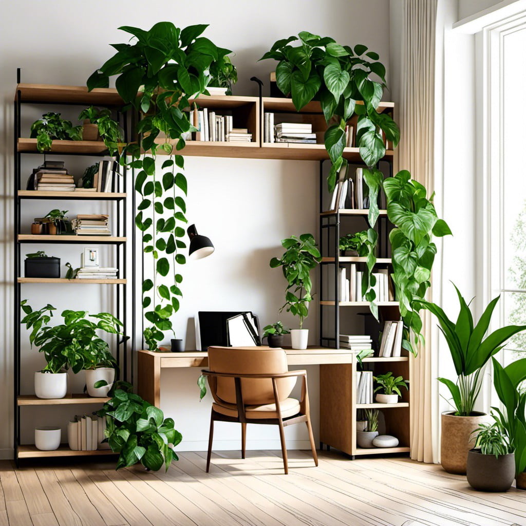 pothos on bookshelves for organic touch