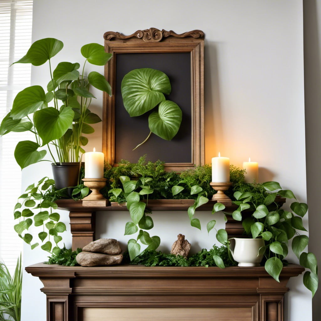 pothos on mantlepiece for rustic charm