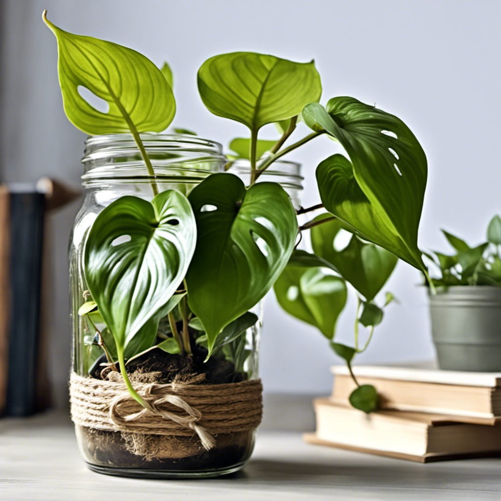 pothos planted in mason jars for rustic look