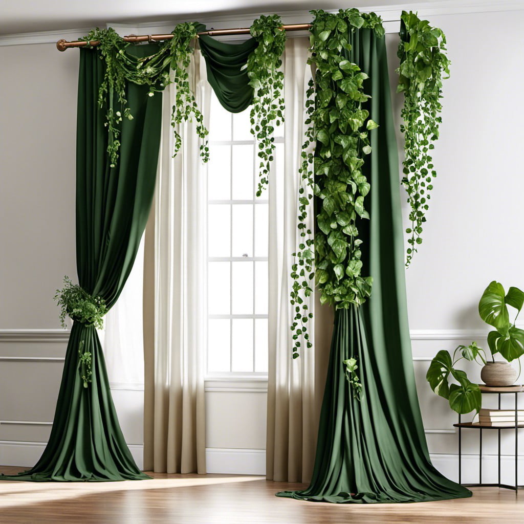 pothos vine draped over curtain rods