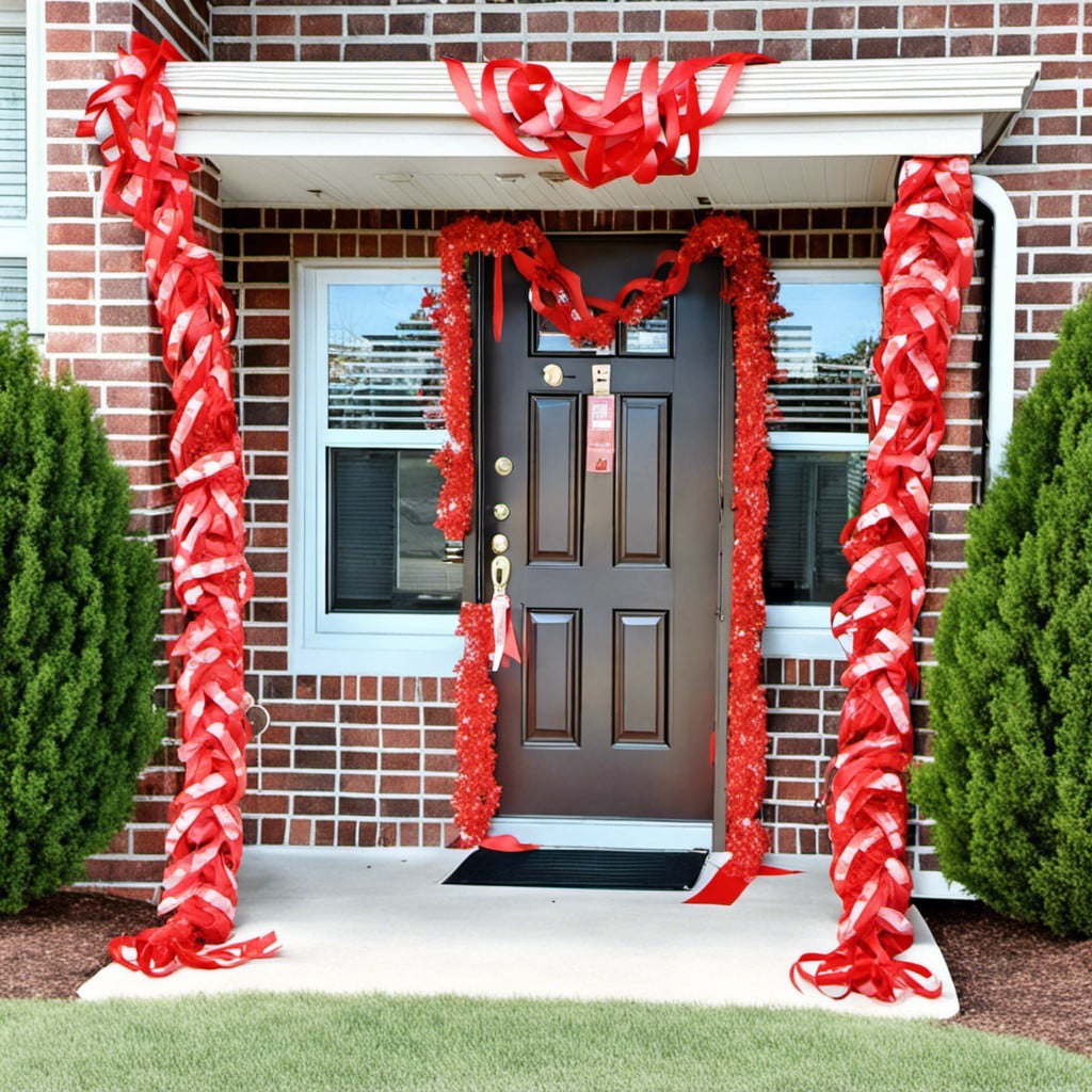 red ribbon paper chain wrapped around the door