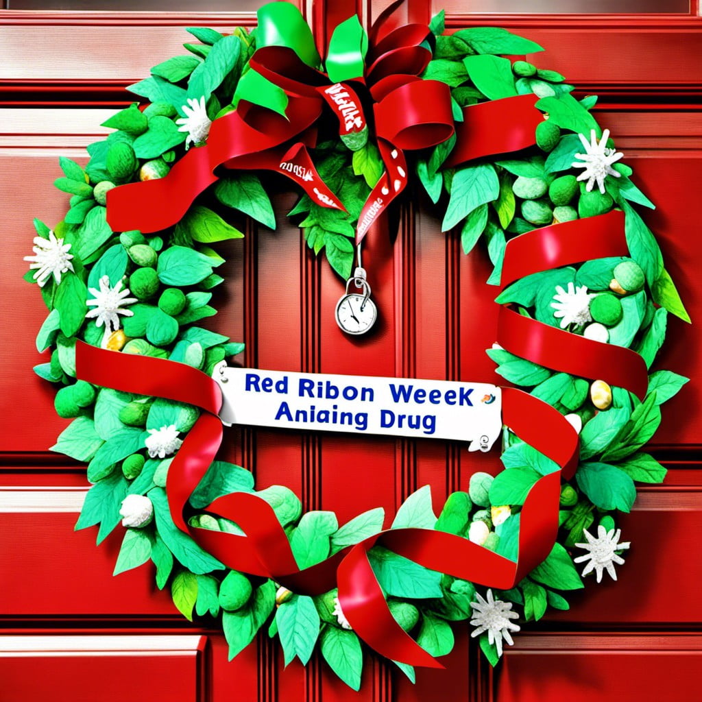 red ribbon themed wreath with anti drug messages