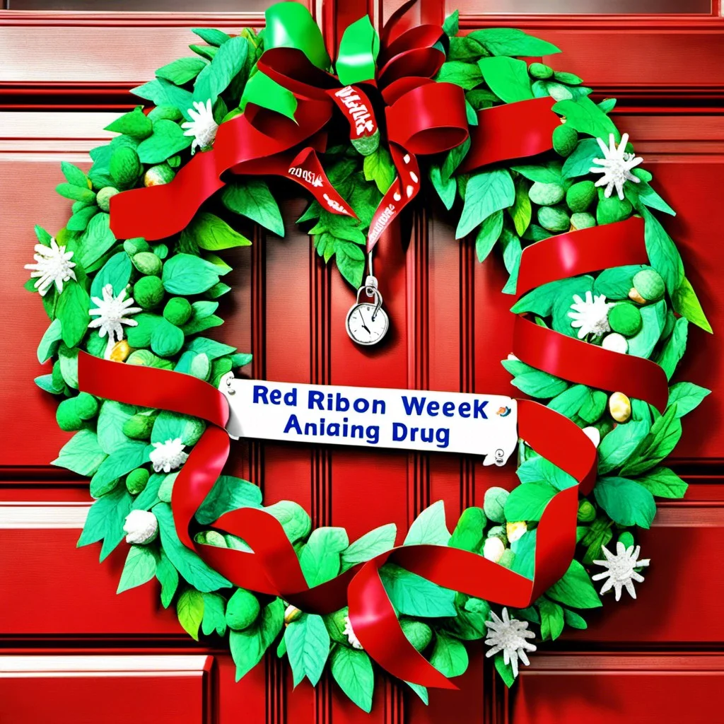 red ribbon themed wreath with anti drug messages